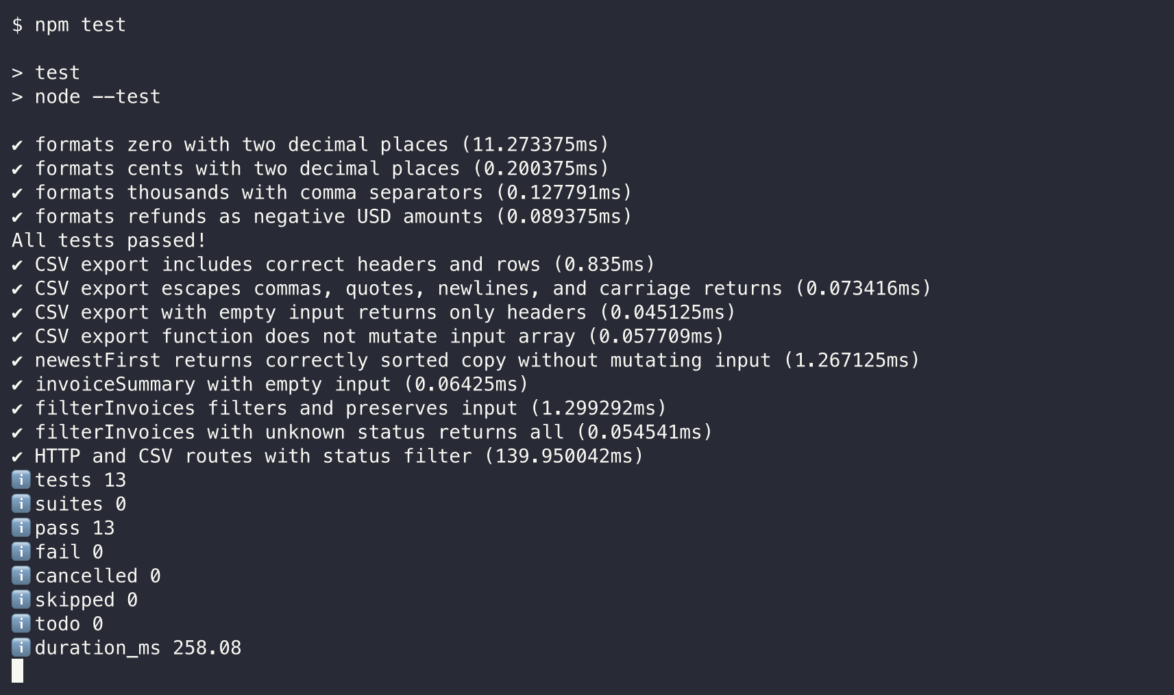 Thirteen passing Invoice Desk tests on the returned local project