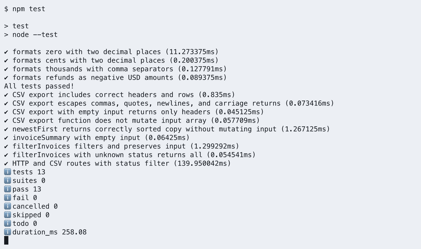 Thirteen passing Invoice Desk tests on the returned local project