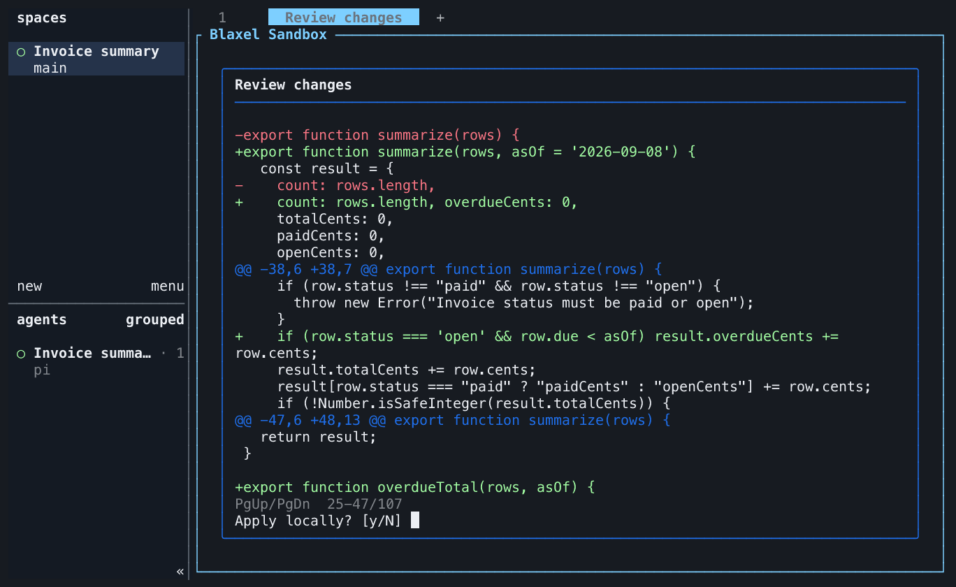 Herdr displaying a checked patch with colored additions and deletions before local Apply approval