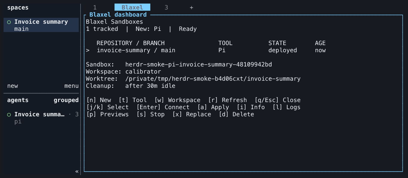 Herdr dashboard showing a running Pi sandbox and Connect, Apply, Previews, Stop, and Delete controls