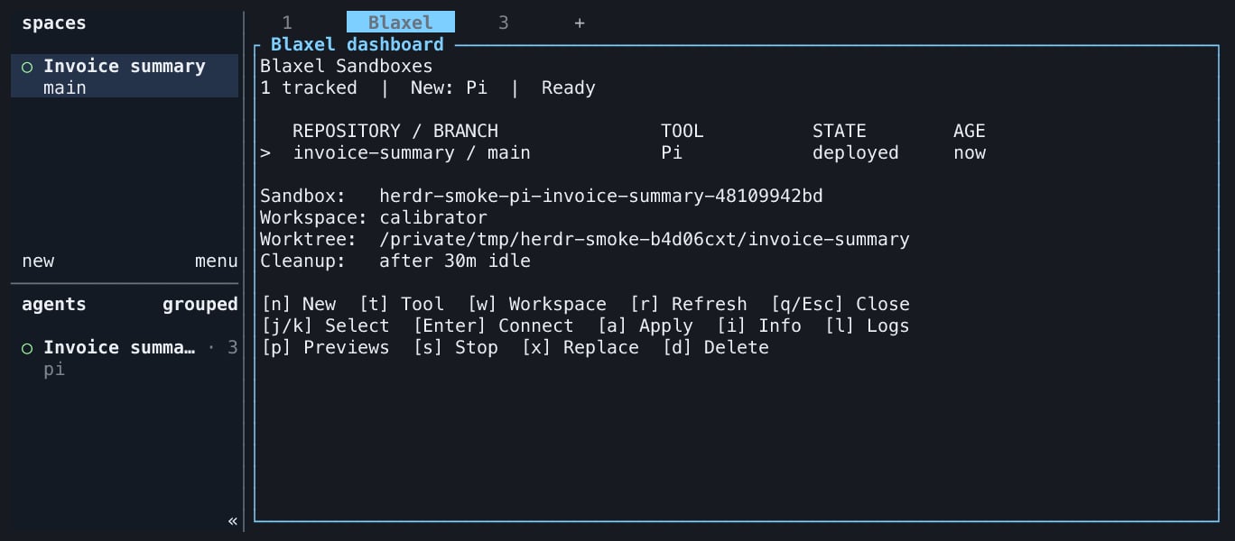 Herdr dashboard showing a running Pi sandbox and Connect, Apply, Previews, Stop, and Delete controls
