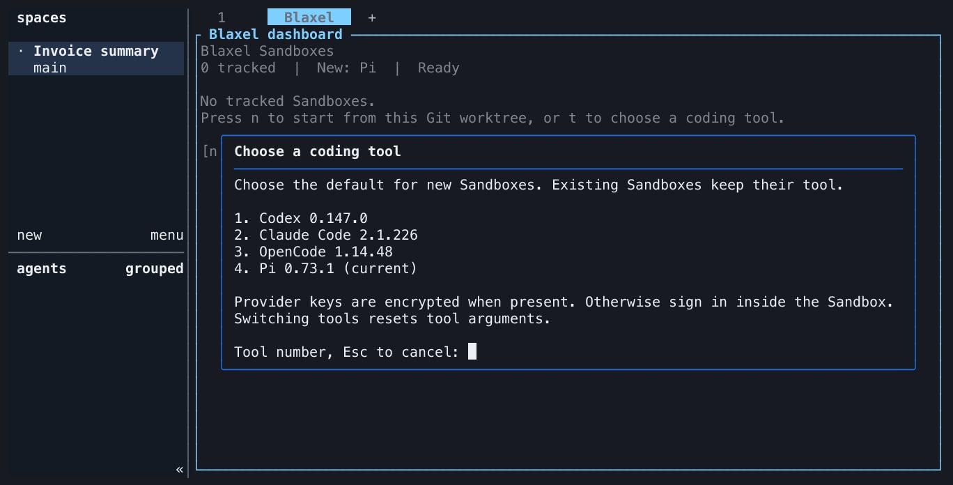 Herdr tool chooser offering Codex, Claude Code, OpenCode, and Pi over a dimmed dashboard