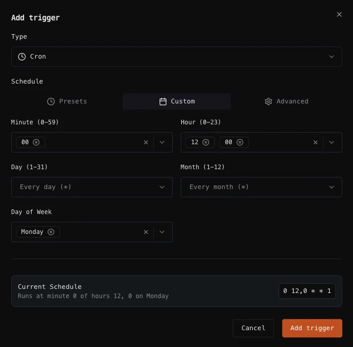 Cron jobs scheduling interface