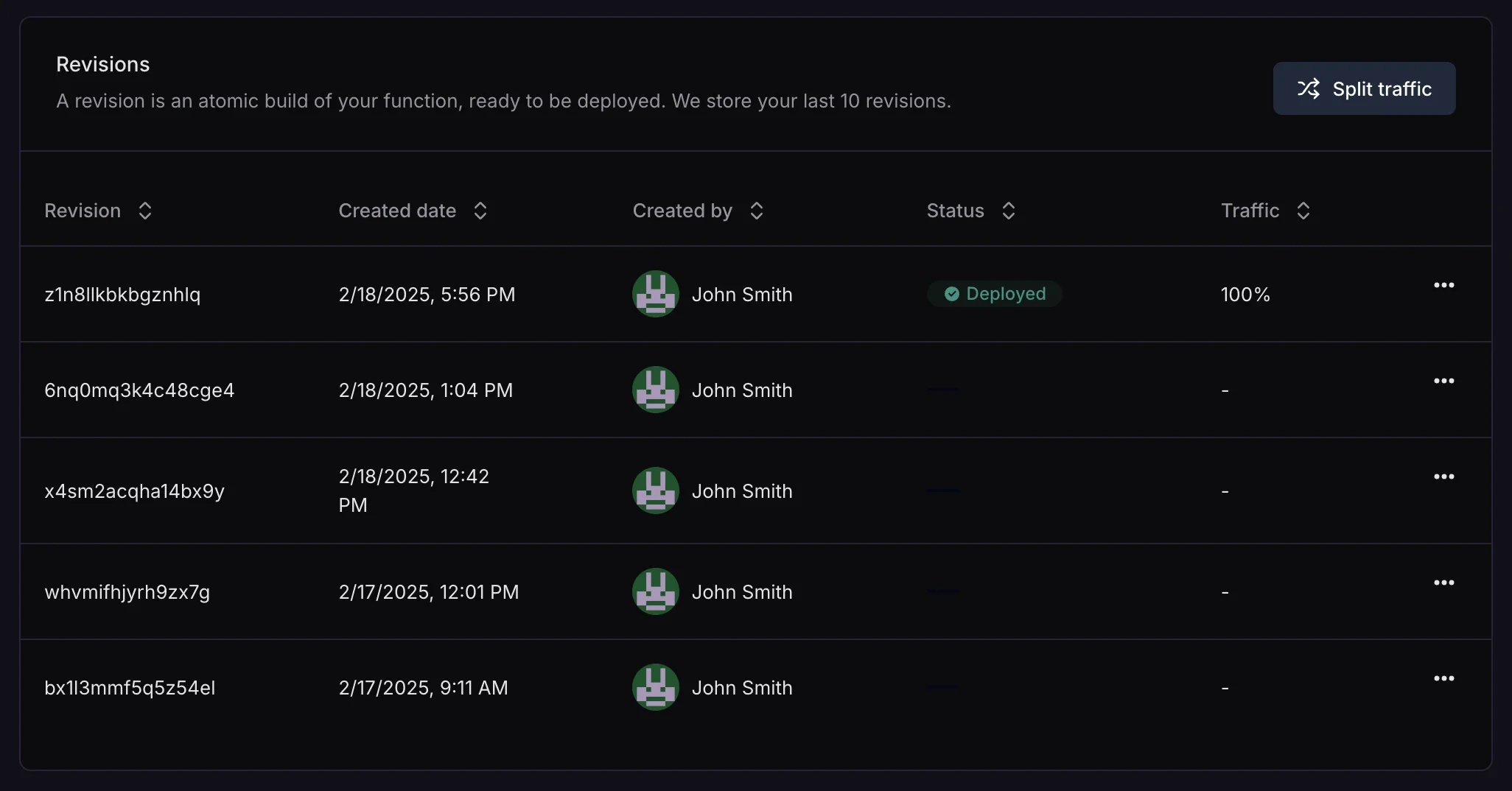 Revisions and canary deployments interface