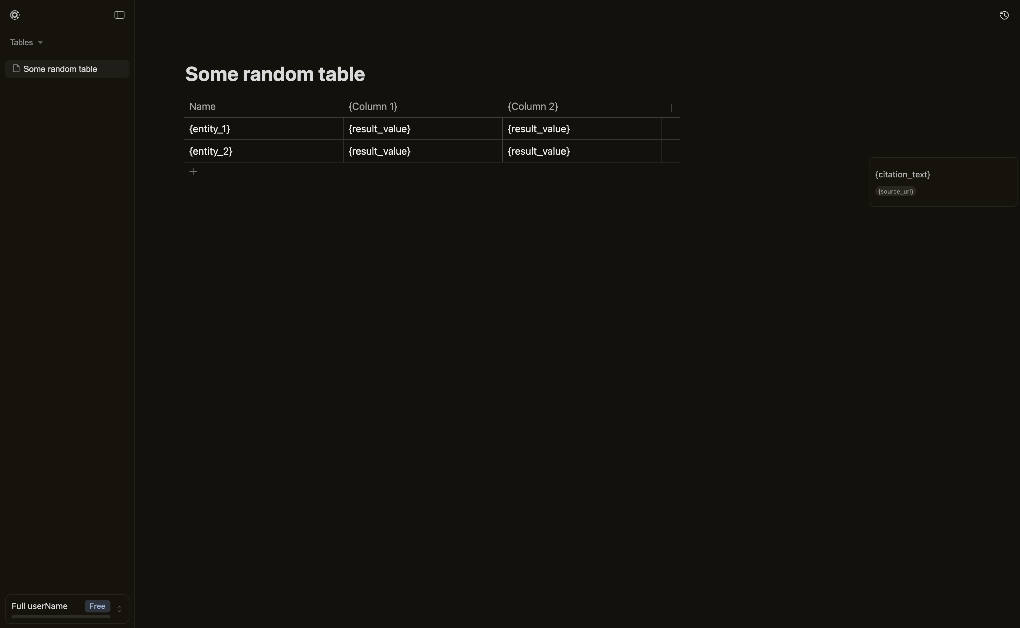 Blazar table showing entities, columns, result values, and a citation panel on the right