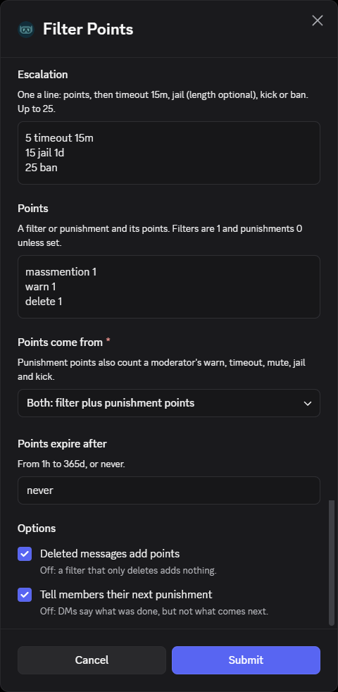 Filter points setup form