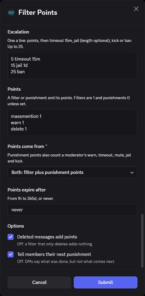 Filter points setup form