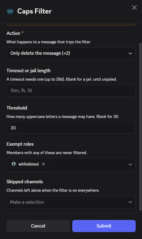 Caps filter setup form