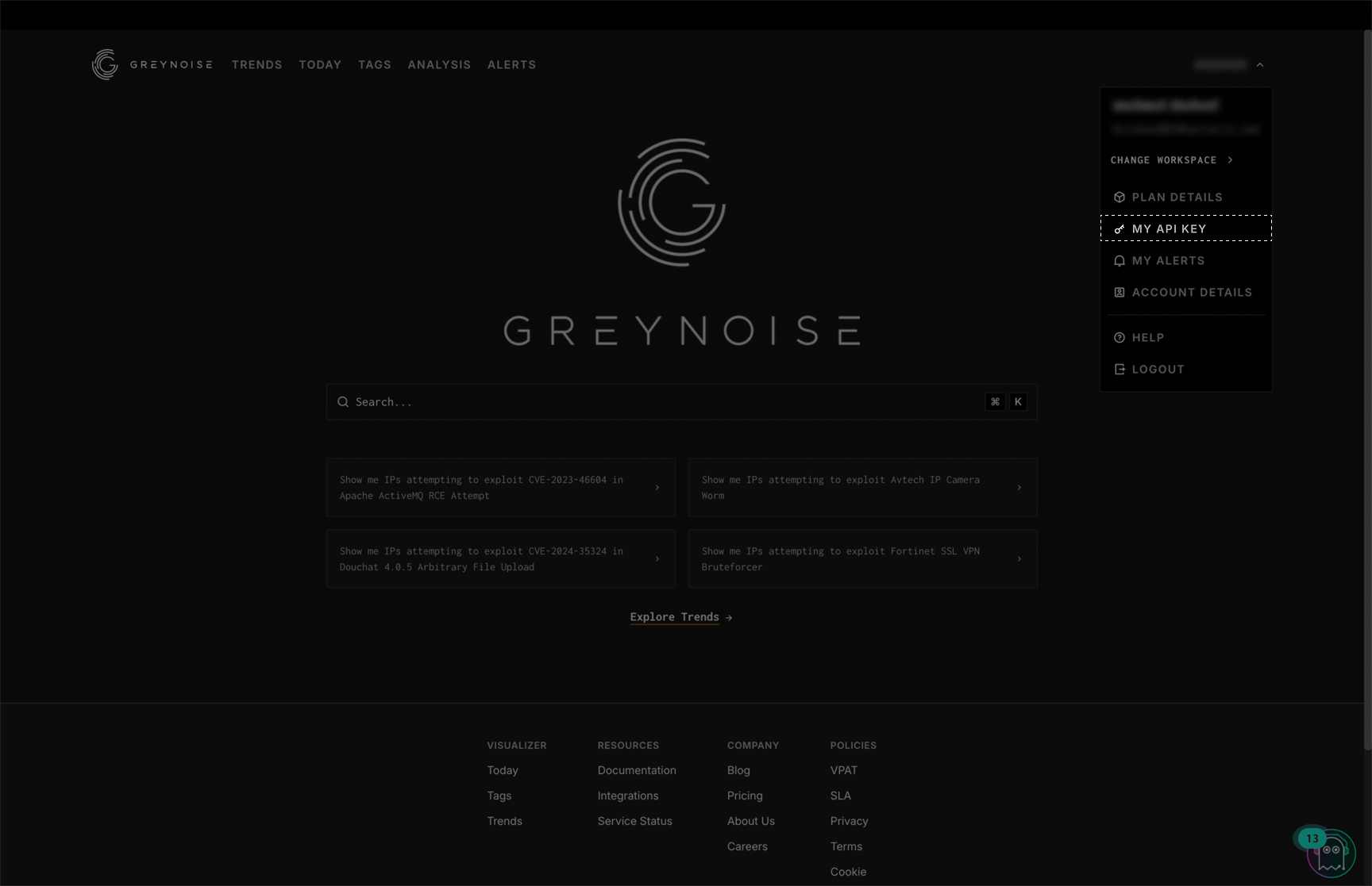greynoise menu