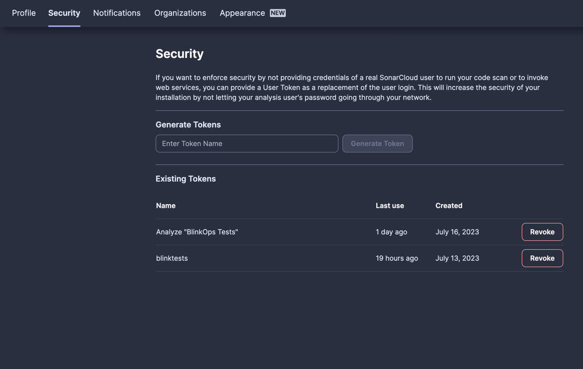 SonarQube Token Page