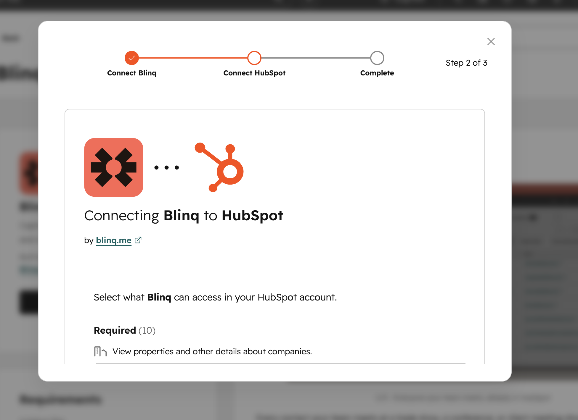 The Connecting Blinq to HubSpot step, showing the Blinq account being connected