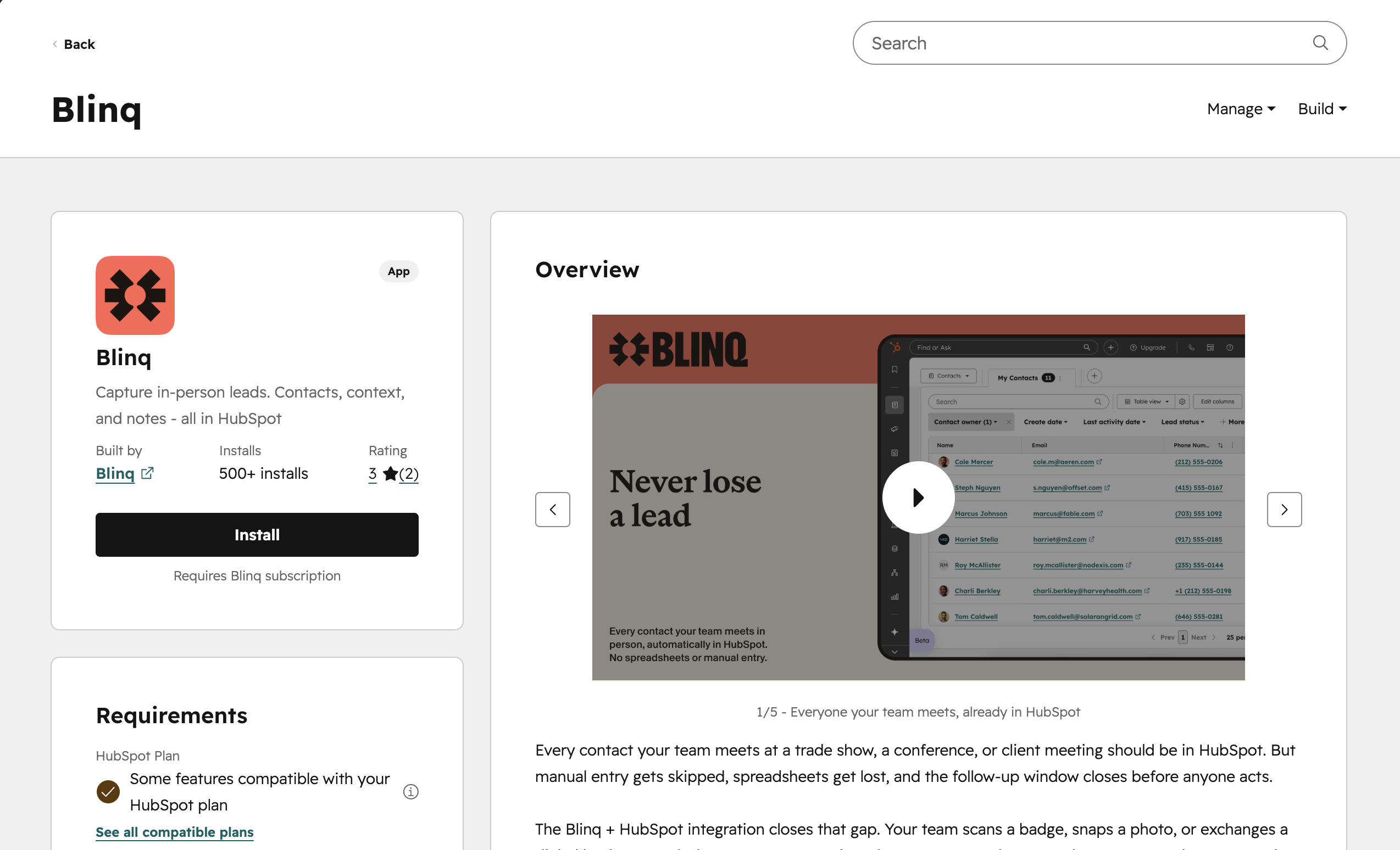 The Blinq app listing on the HubSpot Marketplace, with the Install button