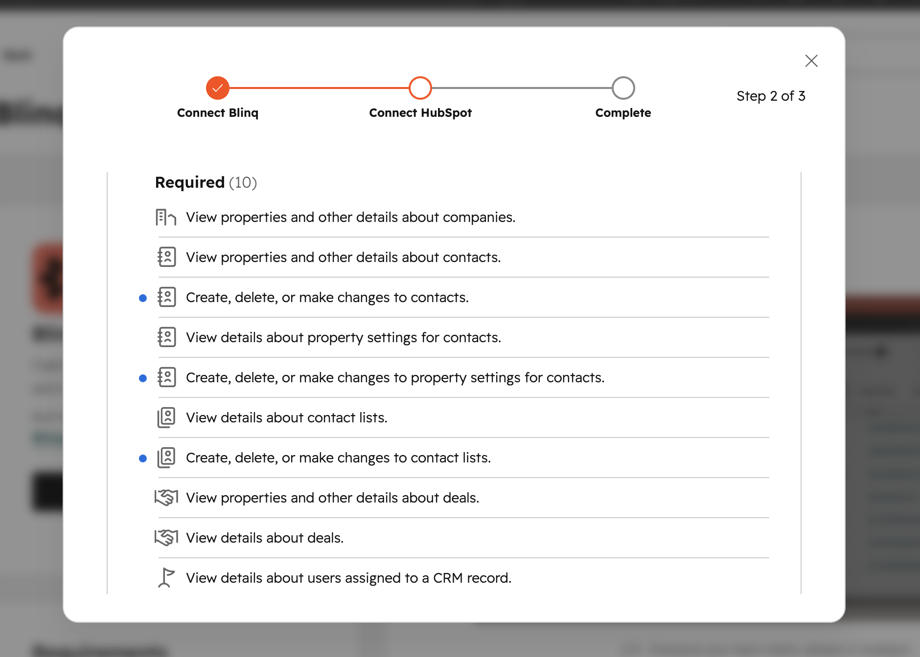 The required access Blinq needs in your HubSpot account