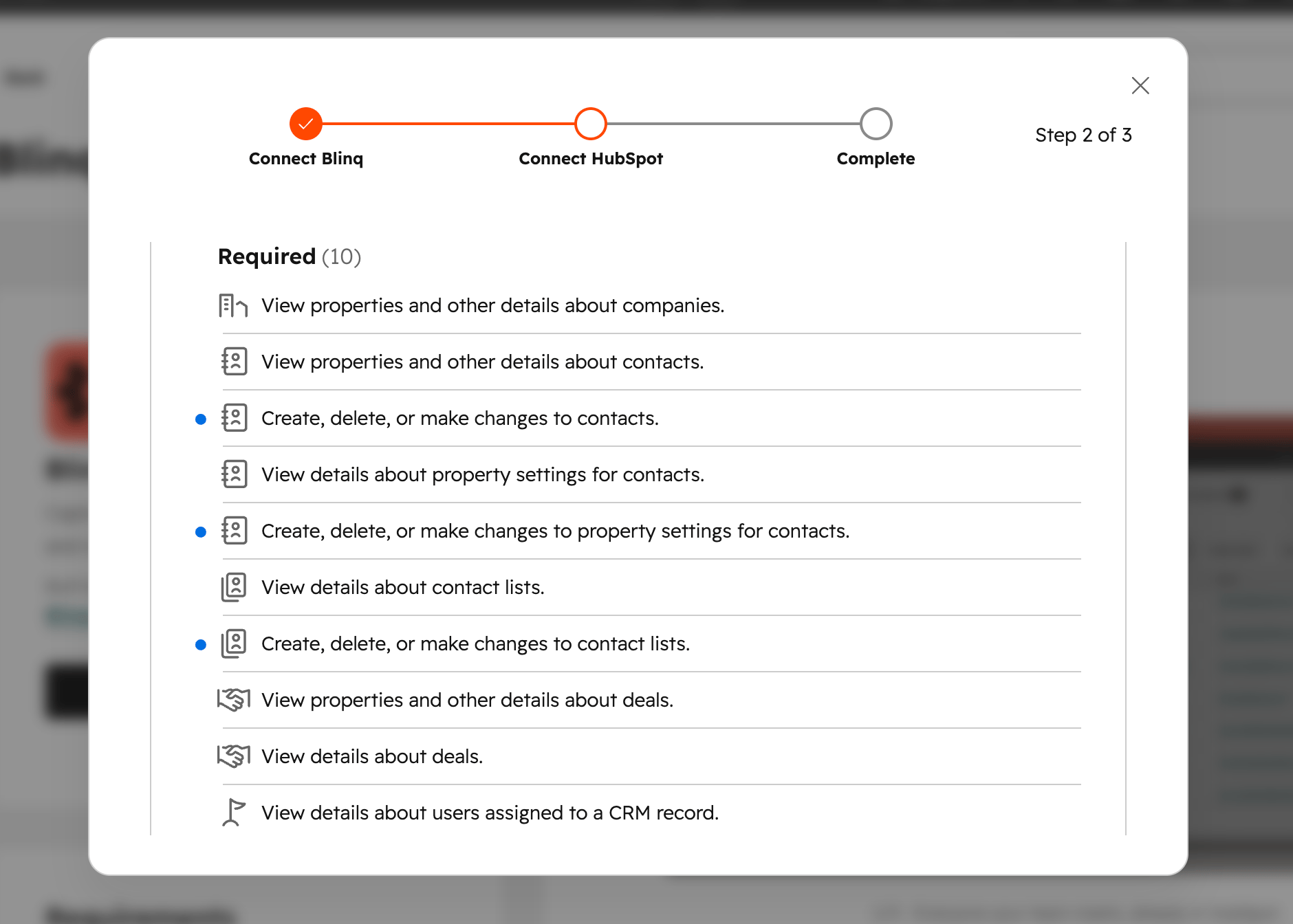 The required access Blinq needs in your HubSpot account