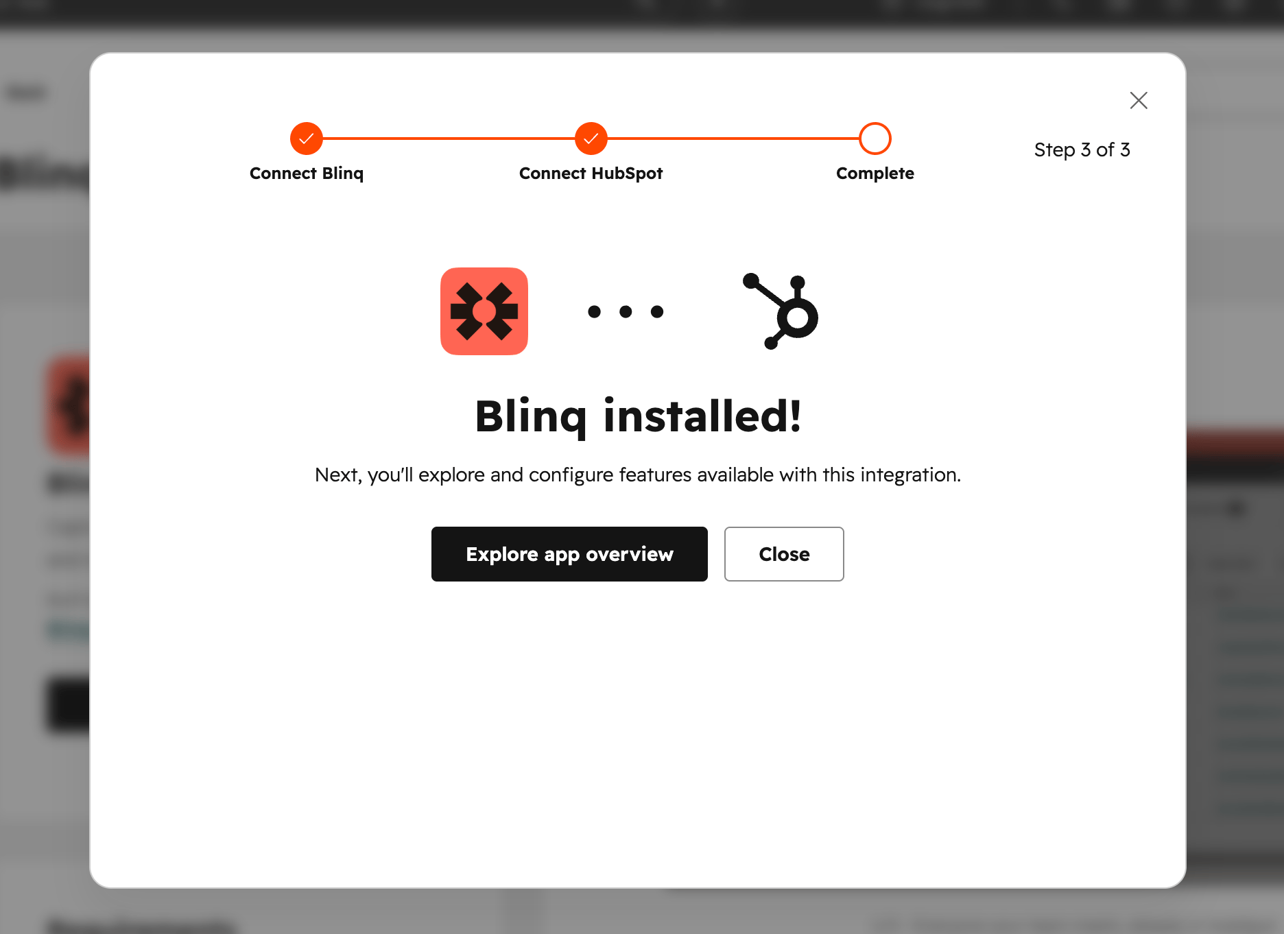 The Blinq installed confirmation screen in HubSpot