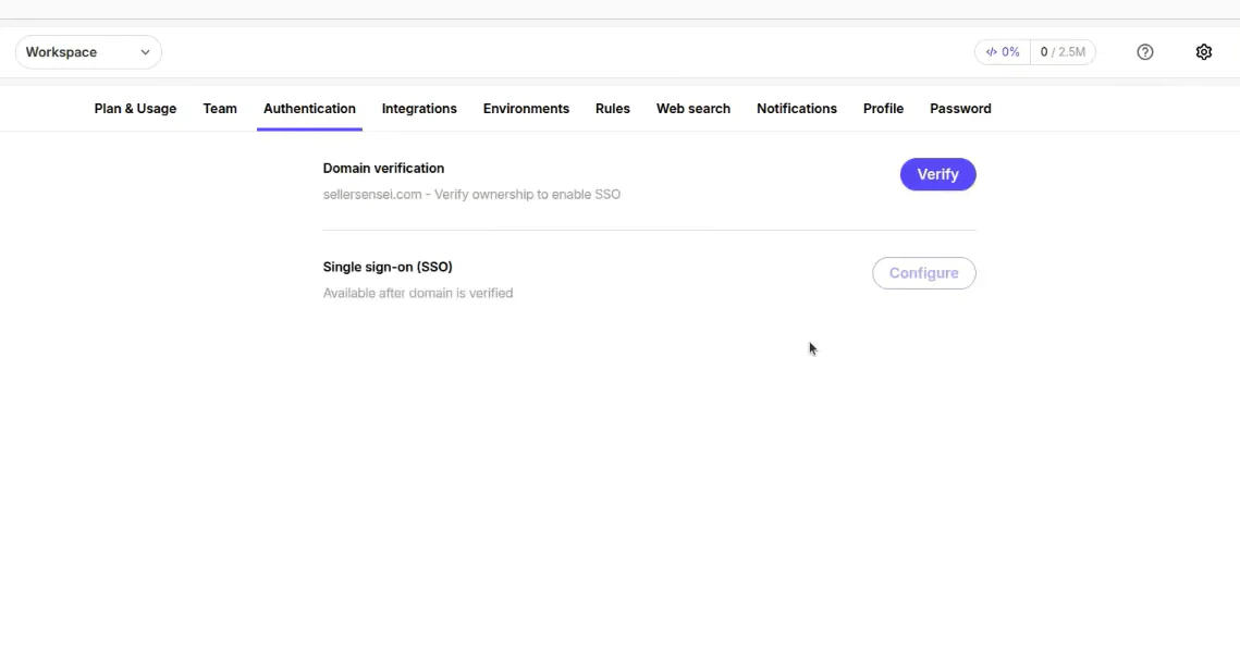 The Blitzy Settings page with the Authentication tab selected, showing the Domain Verification section and Verify button