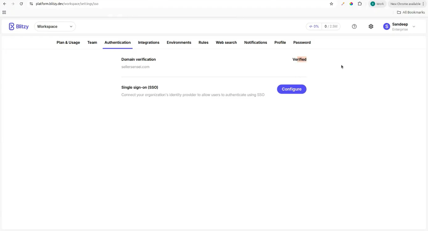 The Authentication settings page showing the Configure button for SSO setup