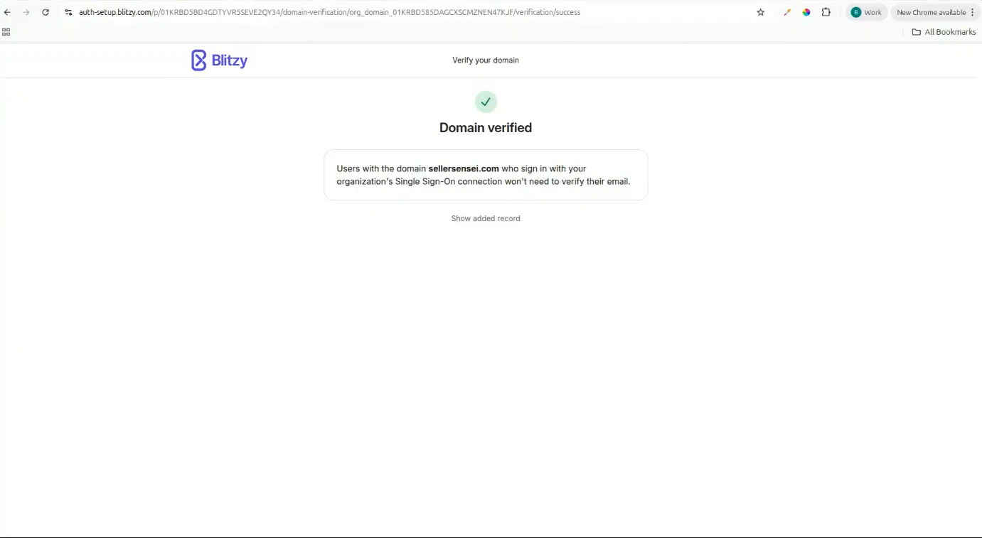 The Domain Verification success state confirming the domain has been verified