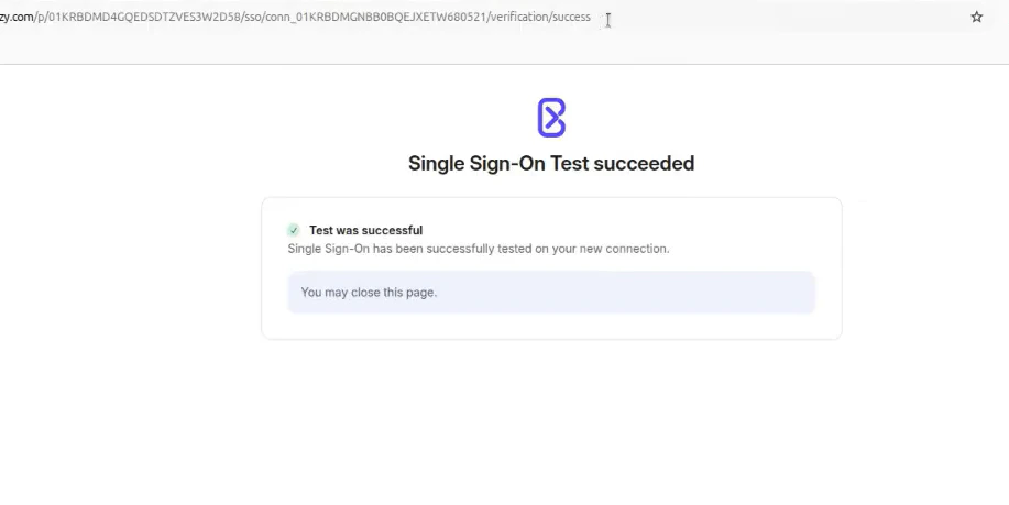 The Test Connection success screen at the end of the SSO setup flow