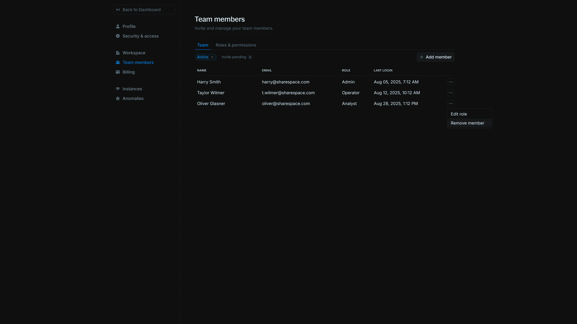 Team members page showing the Add member button