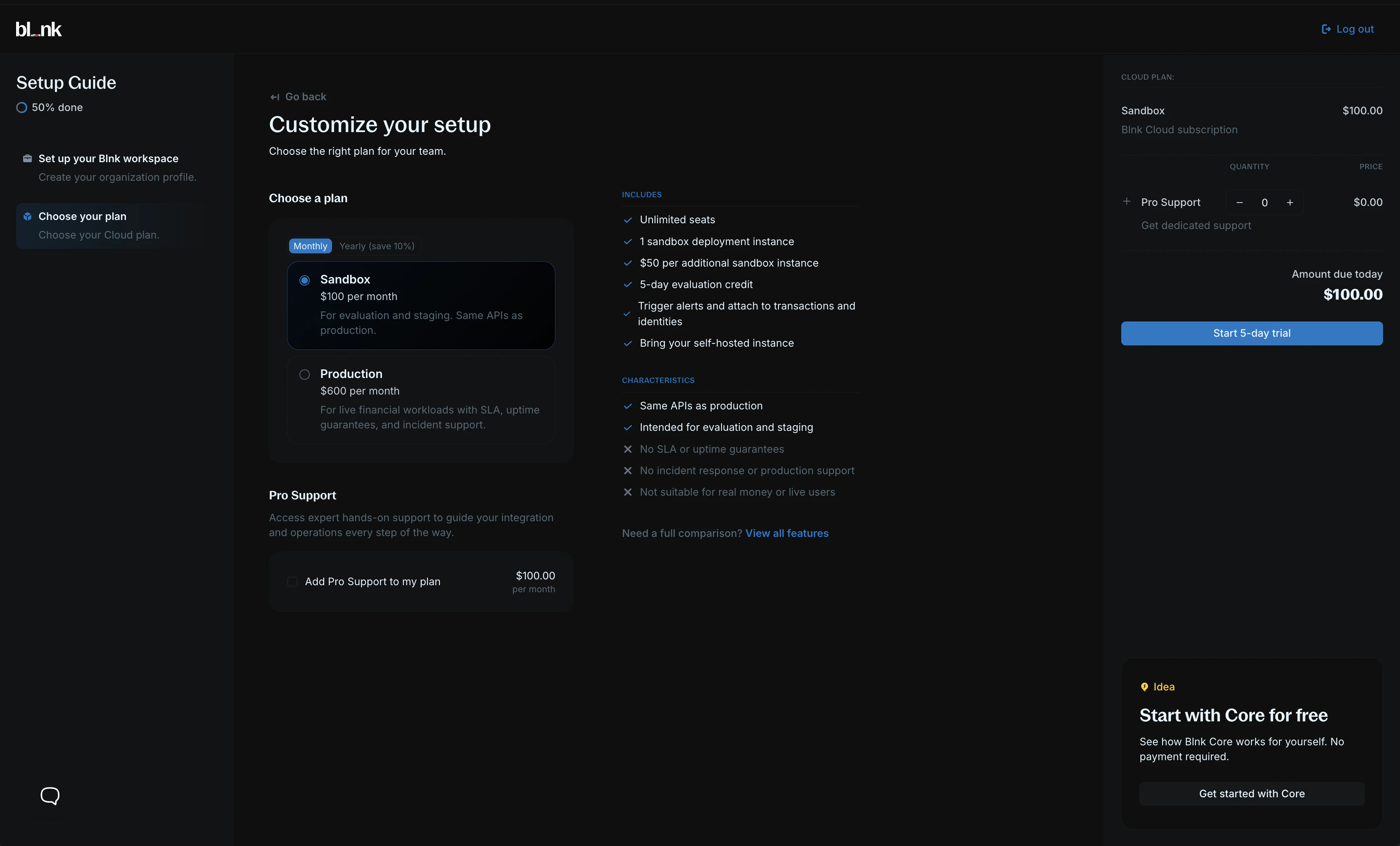 Comparison of Blnk Cloud plans: Sandbox and Production