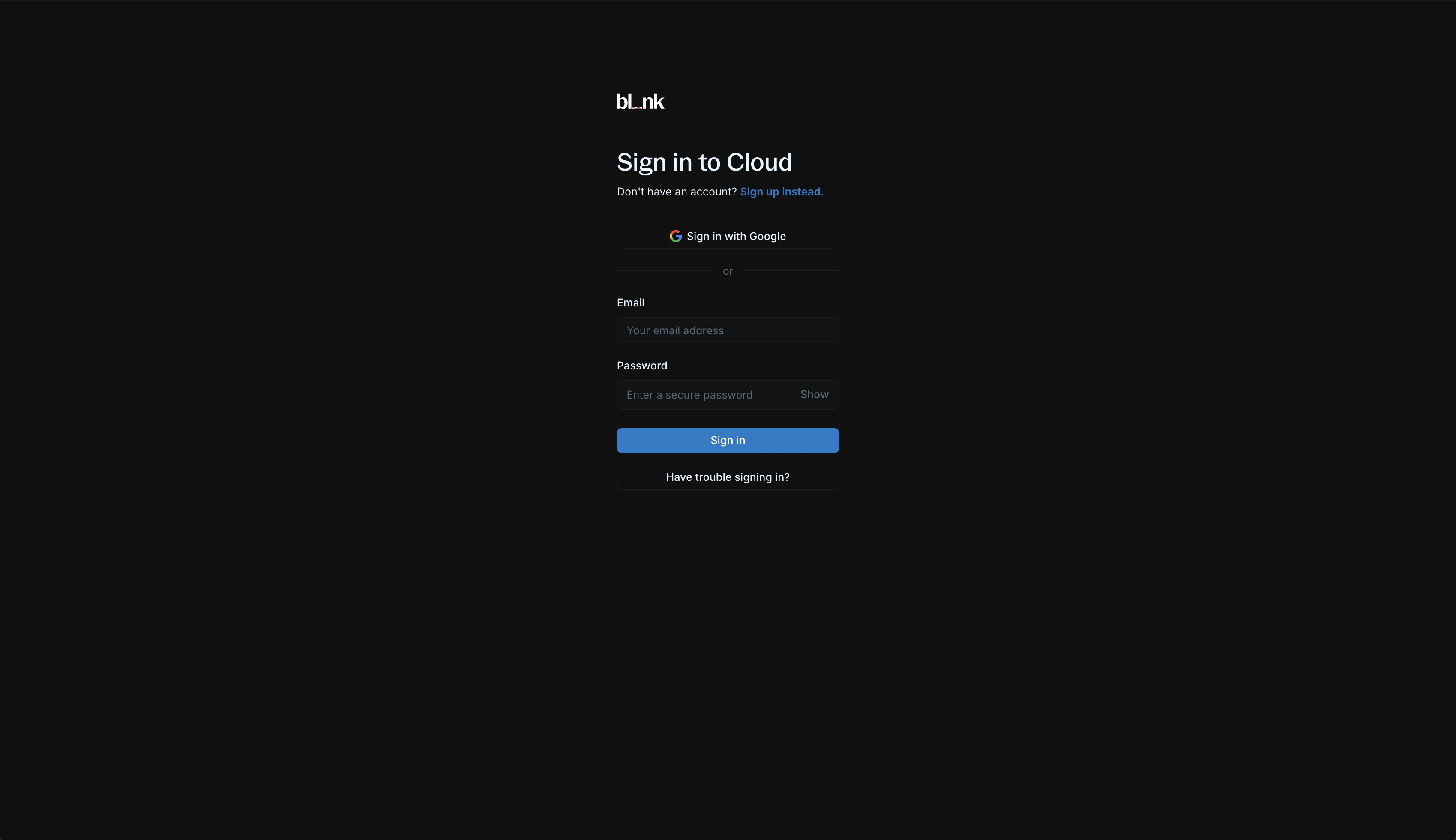 Blnk Cloud sign-up and login page