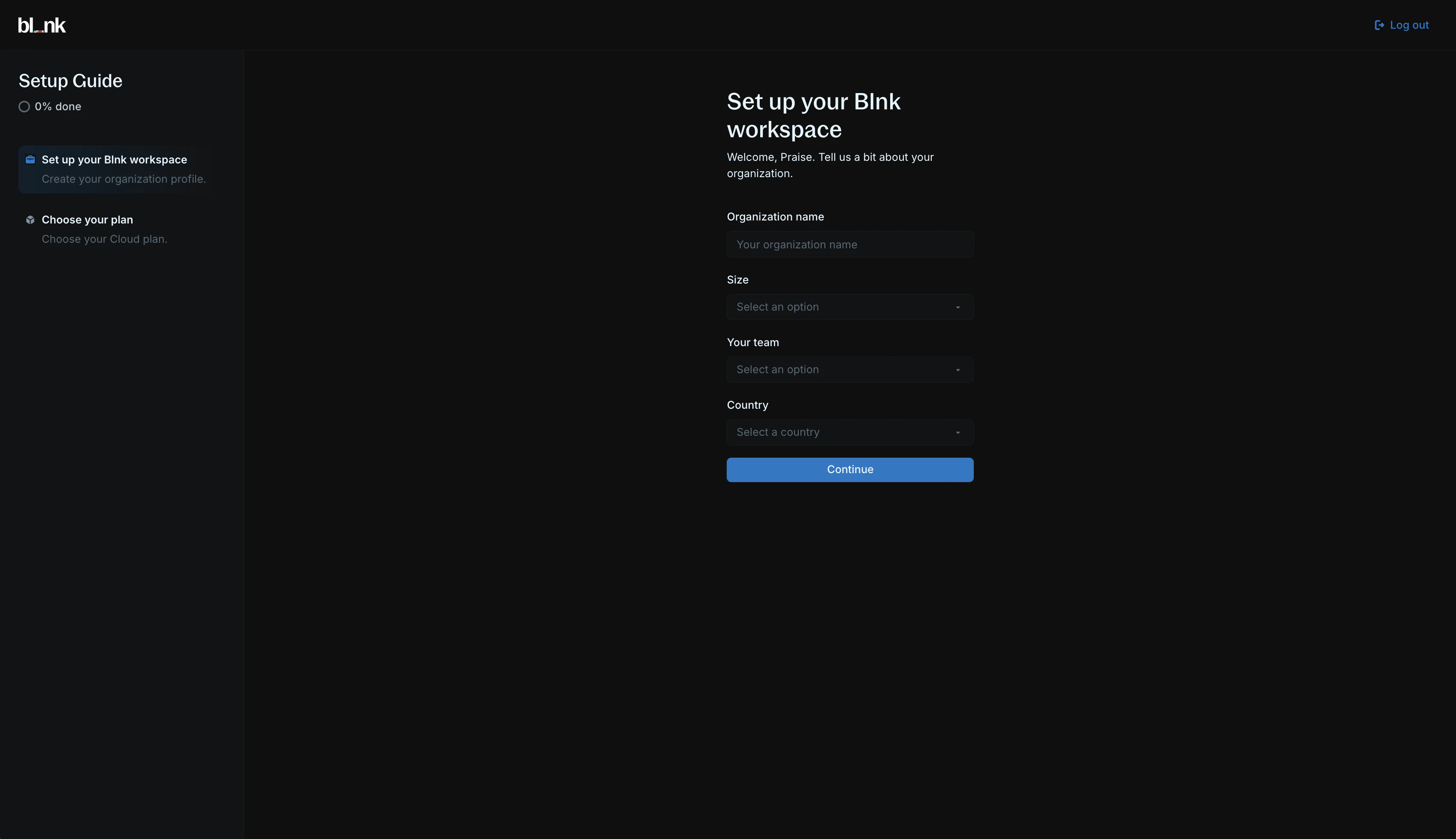 Workspace setup form with organization details