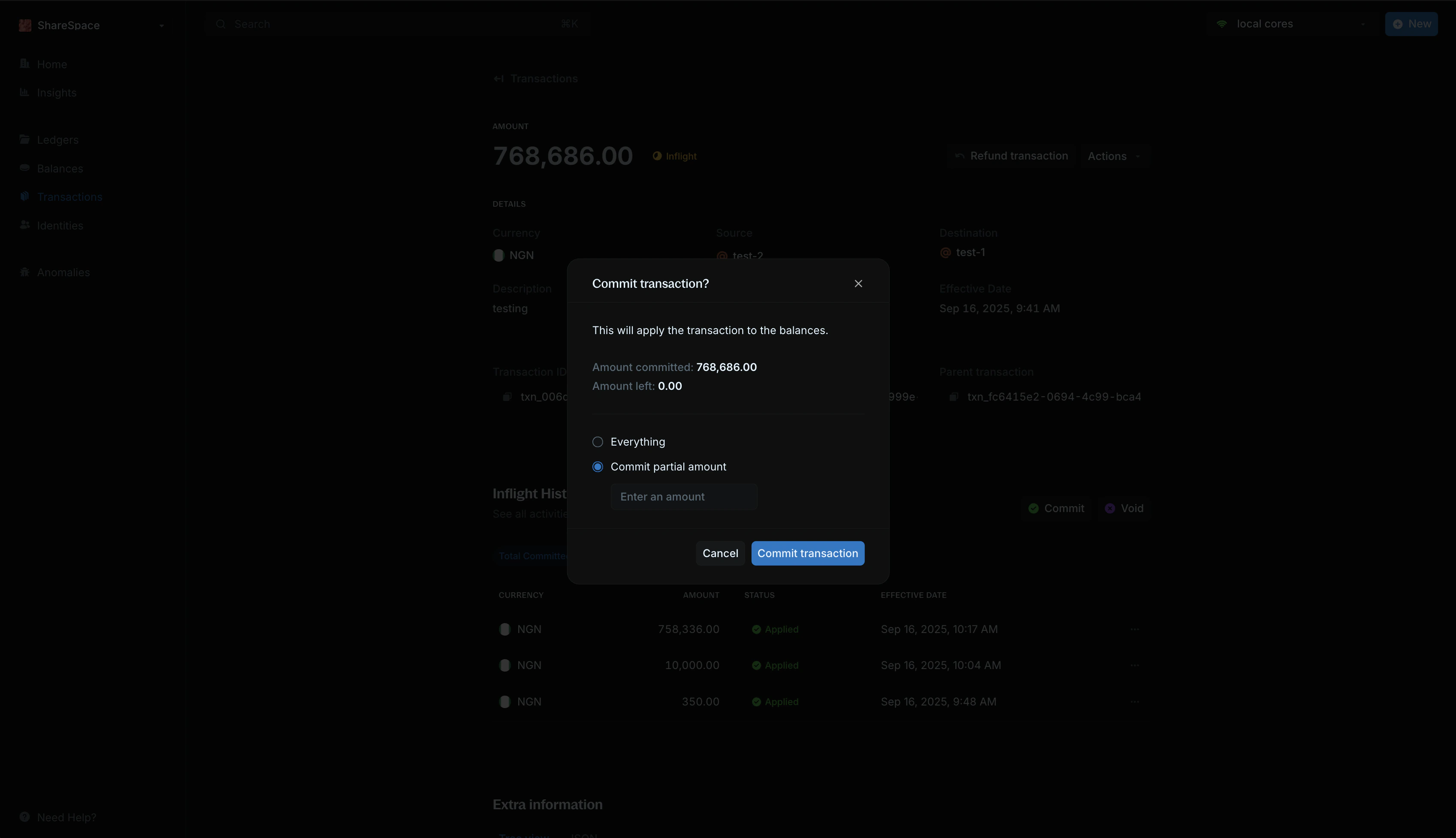 Commit transaction modal with amount field