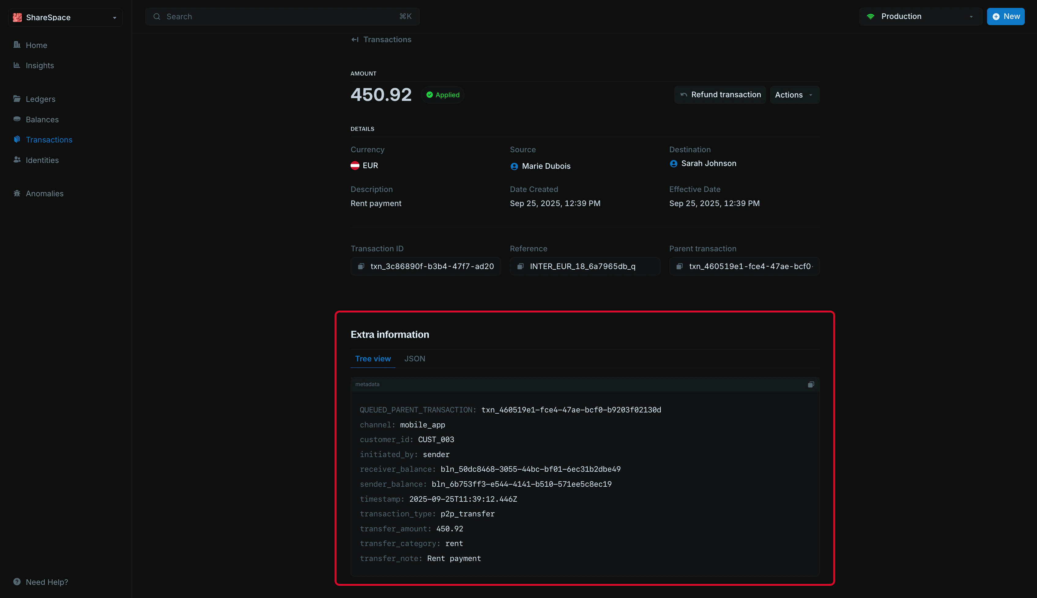 Extra information section with tree view and JSON