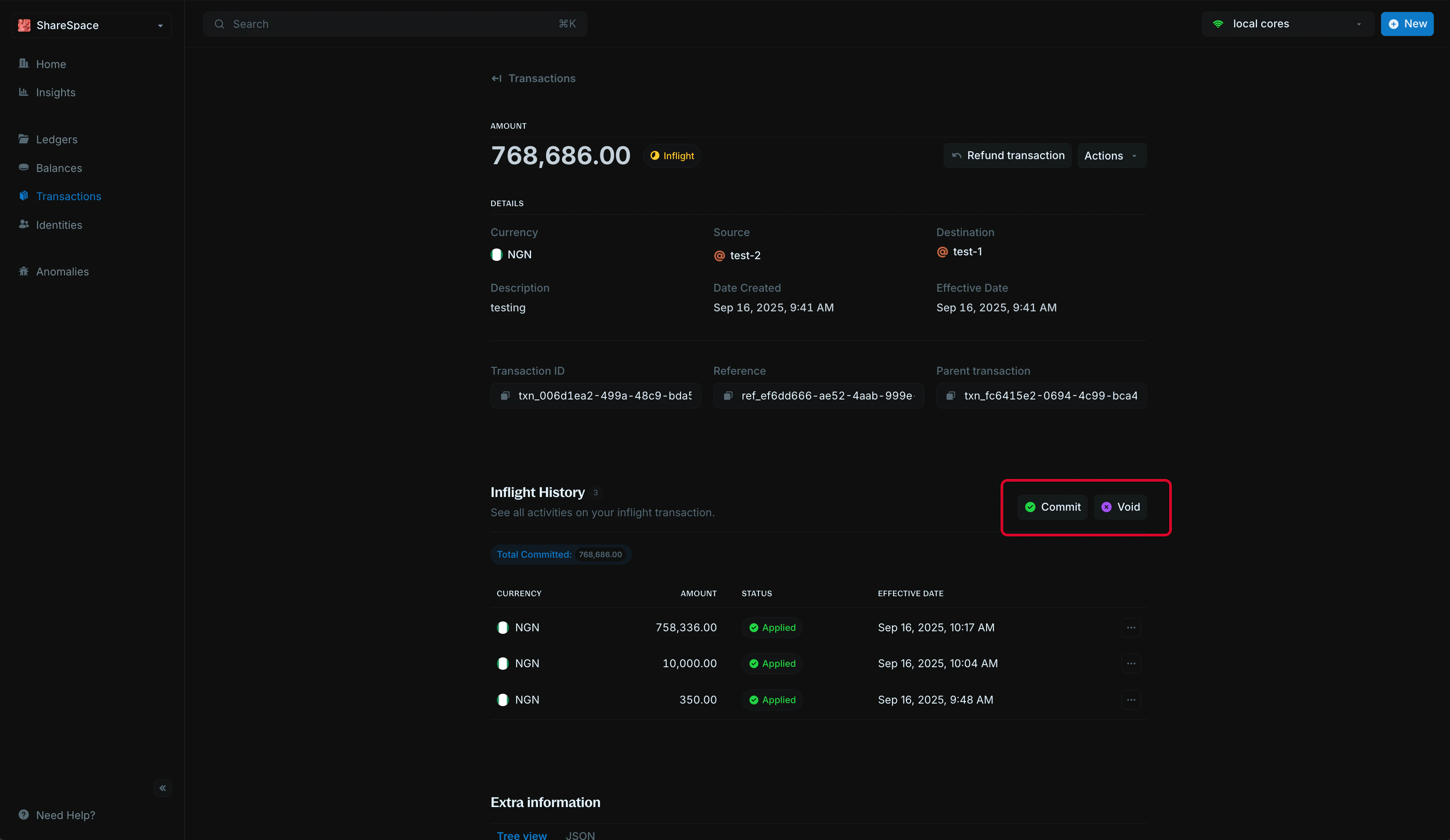 Transaction action buttons including refund and actions menu