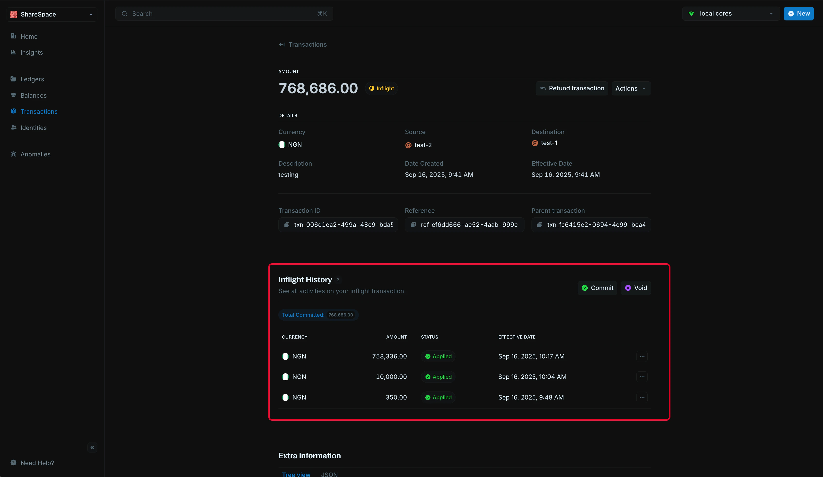 Inflight history section for inflight transactions