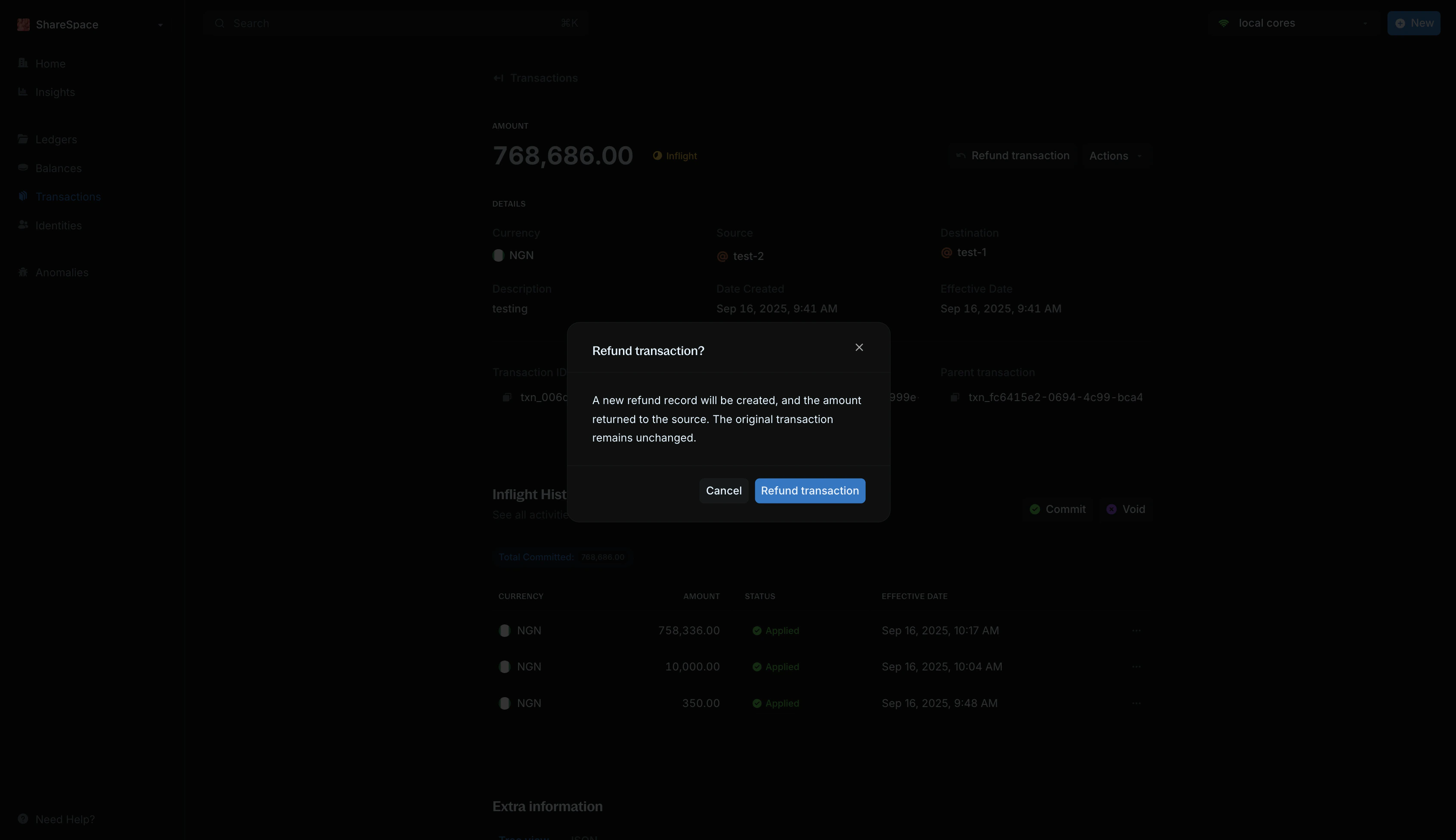 Refund transaction confirmation modal