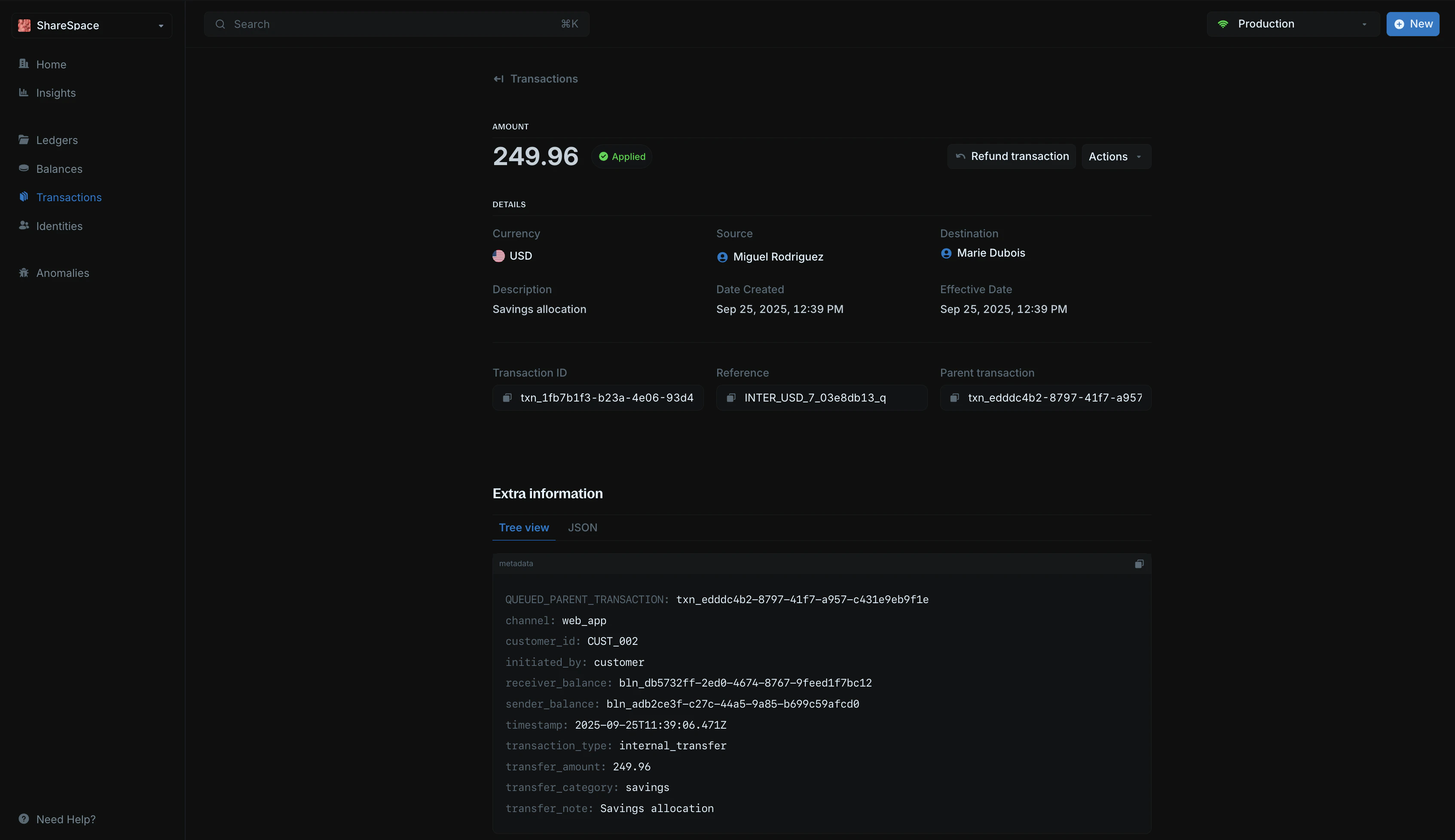 Main transaction details page layout