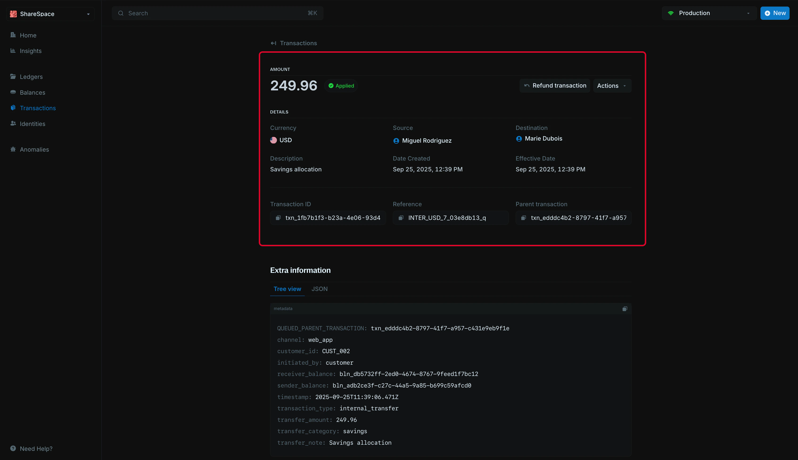 Transaction information section with all fields