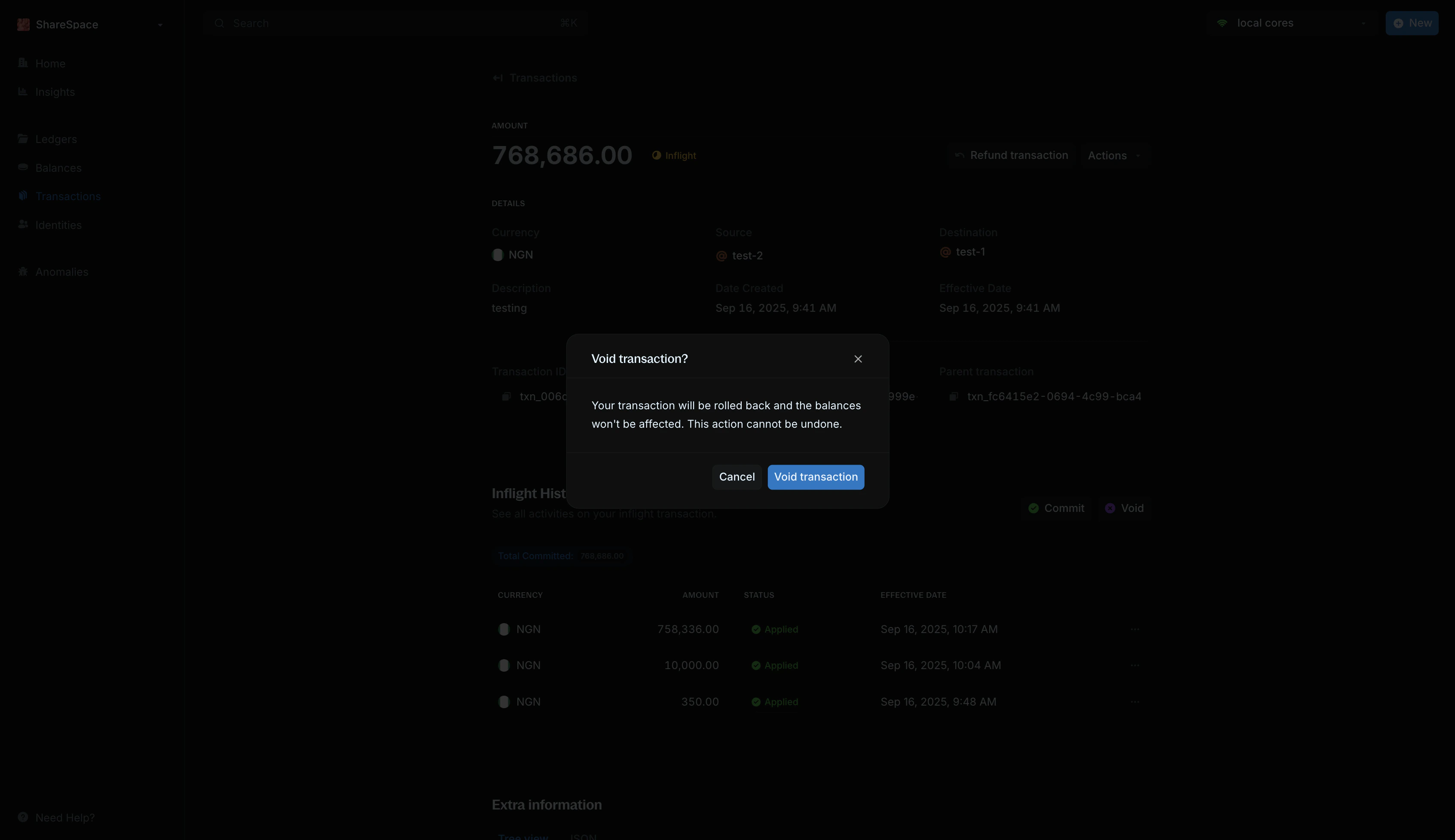 Void transaction confirmation modal