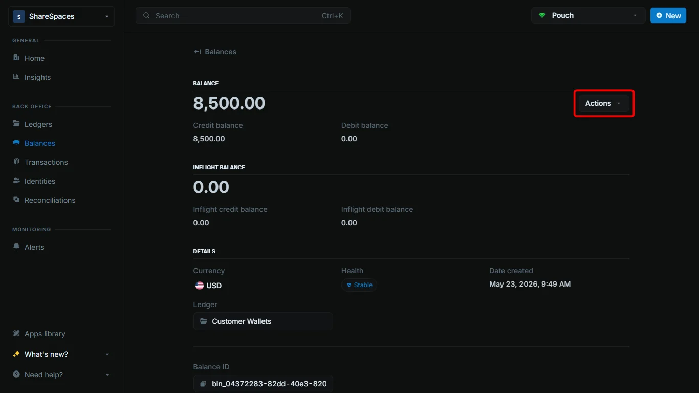 Balance details header with the Actions control highlighted