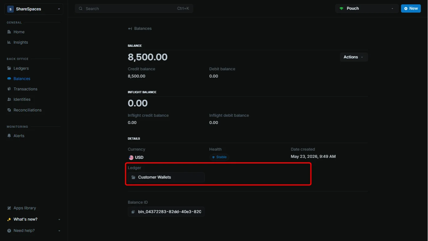 Balance details page before an identity is assigned