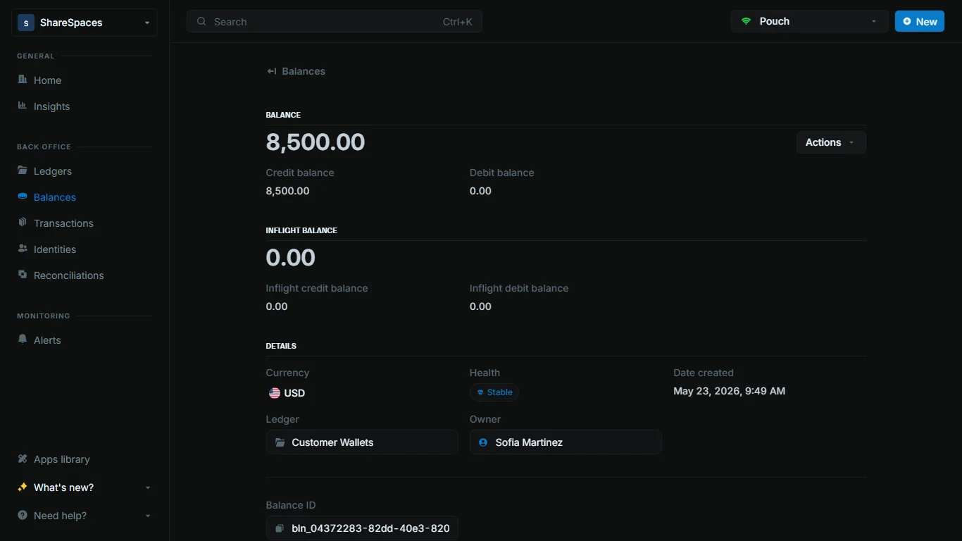 Balance details page with an identity linked in the Owner field