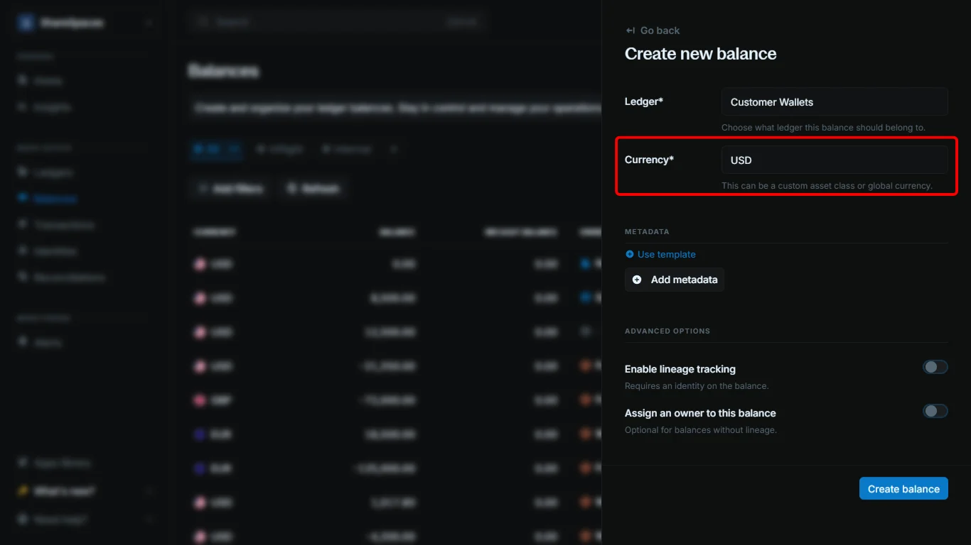 Create balance form with the currency field filled in