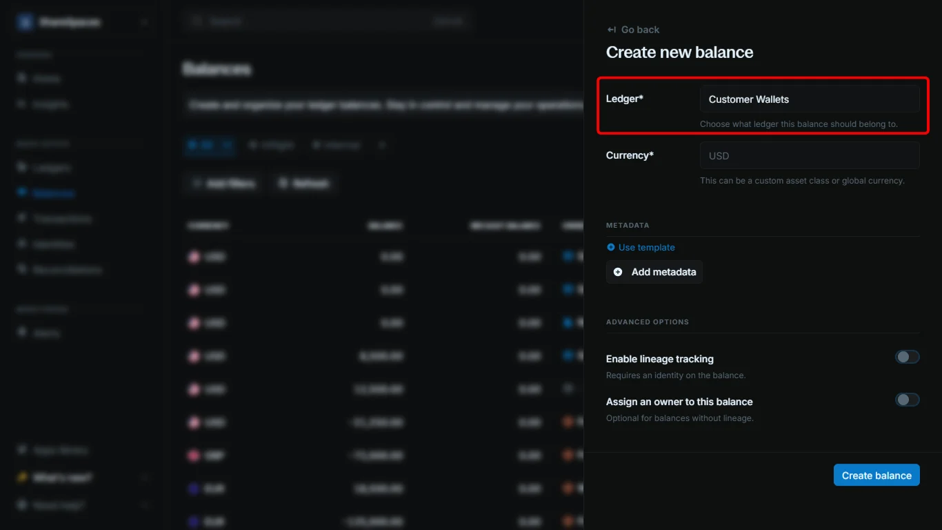 Create balance form with the ledger field selected