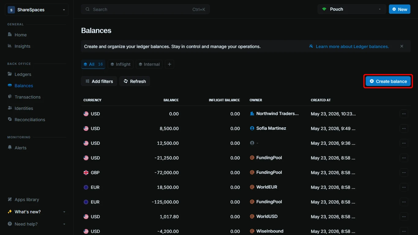 Balances table with the Create balance control in the header