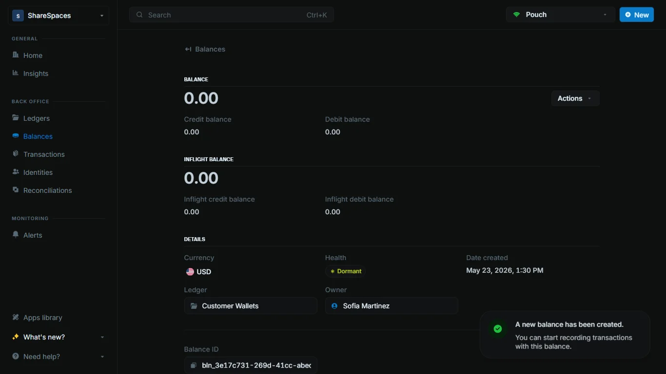 Balances table or balance details showing a newly created balance
