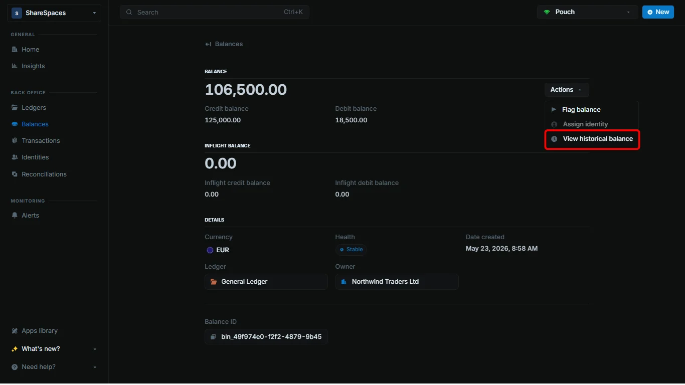 Actions dropdown with View historical balance selected