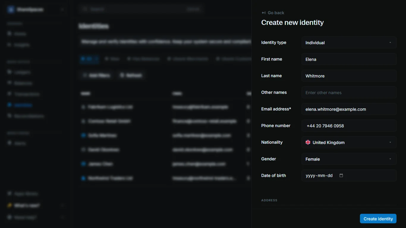 Create identity form with name and email fields filled in