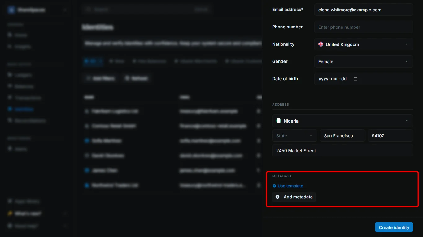 Create identity form showing the Metadata section with Add metadata and Use template