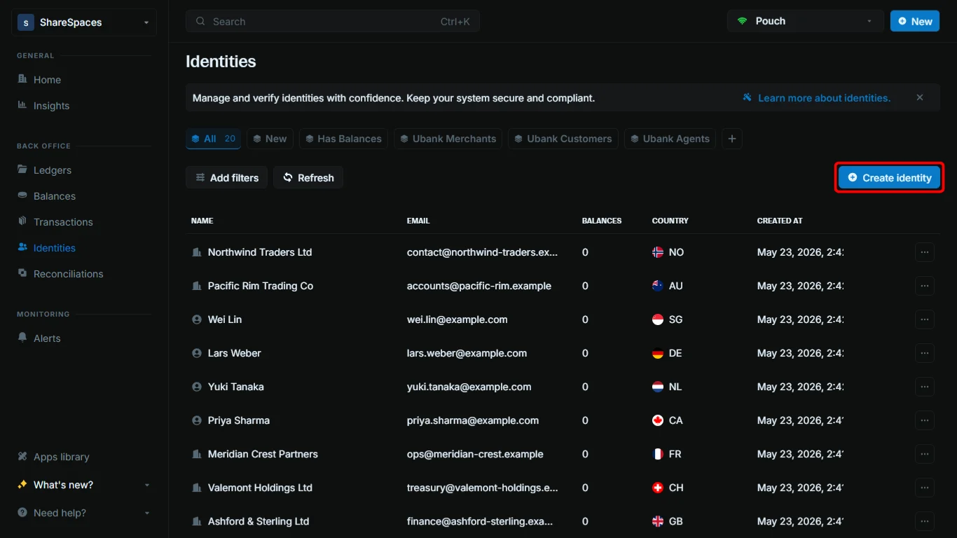 Identities table with the Create identity control in the header