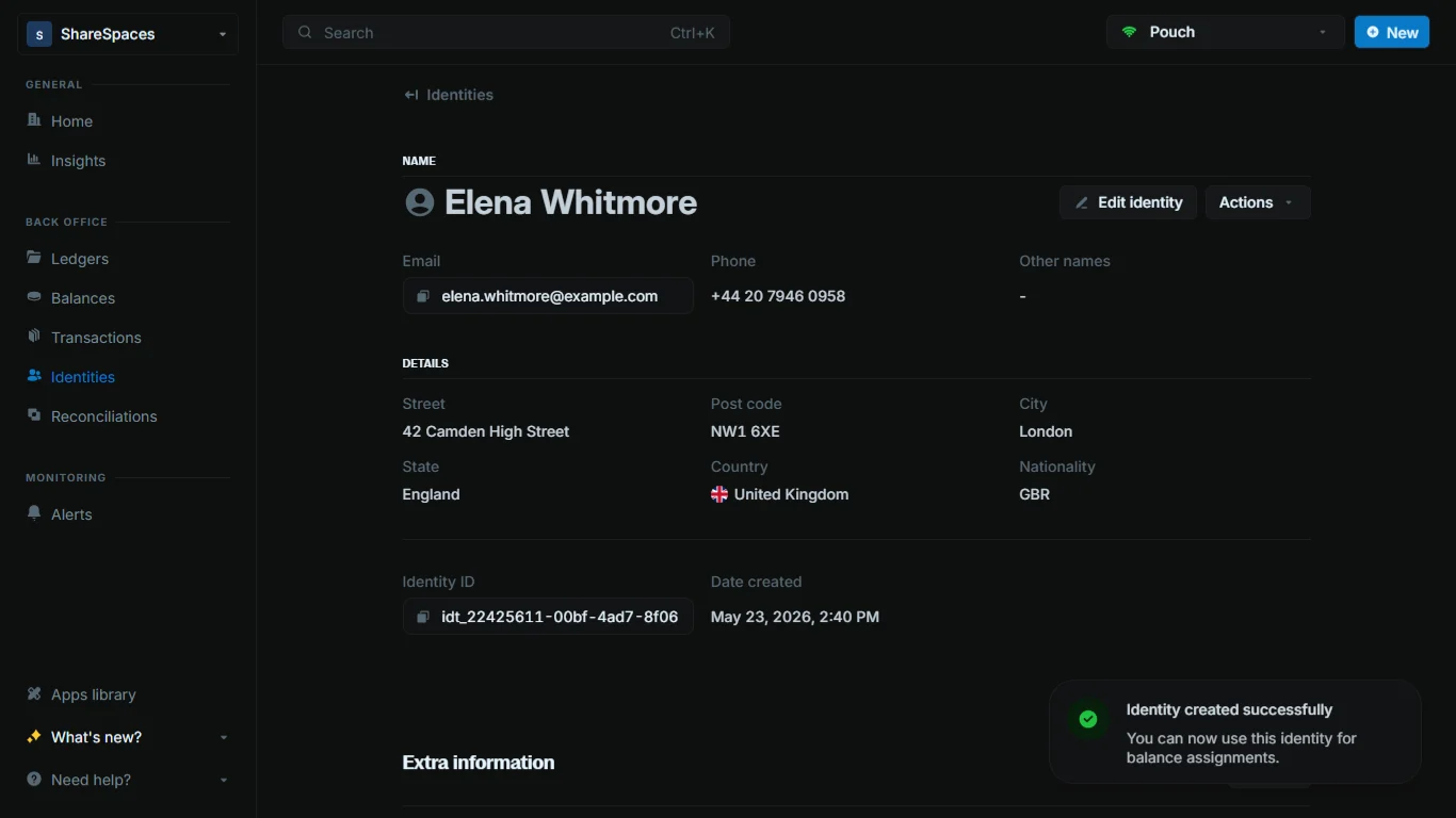 Identities table or identity details showing a newly created identity