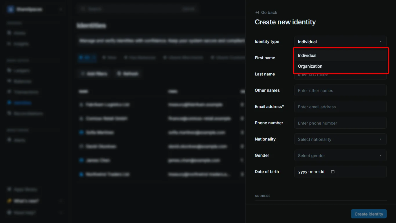 Create identity form with Individual or Organization type selected