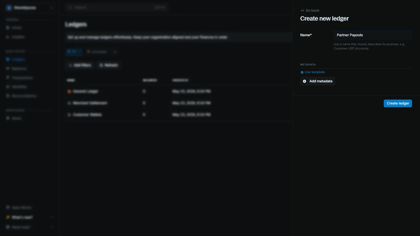Create ledger form with name and metadata