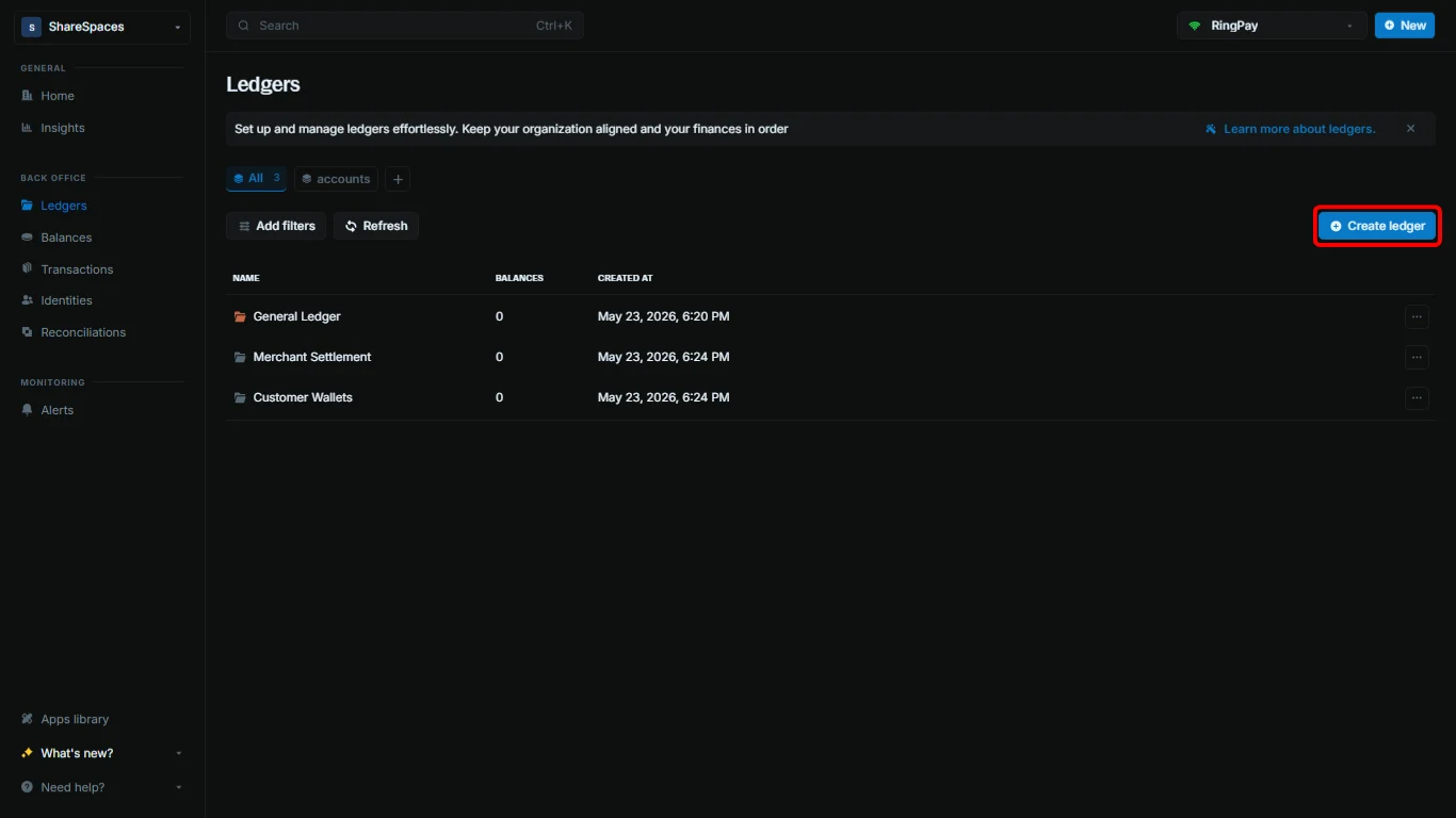 Ledgers table with the Create ledger control in the header